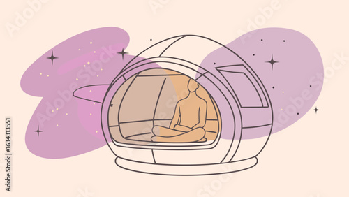 A serene illustration of a humanoid figure meditating inside a futuristic pod amidst a cosmic background.