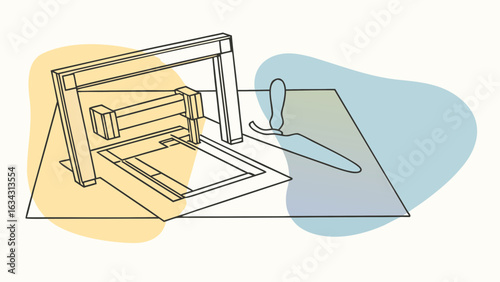 An artistic illustration of a woodworking tool setup featuring a saw and a workbench, infused with soft pastel colors.