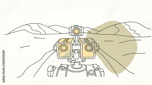 A cartoon-style robot with large eyes explores a serene landscape of rolling hills and distant mountains.