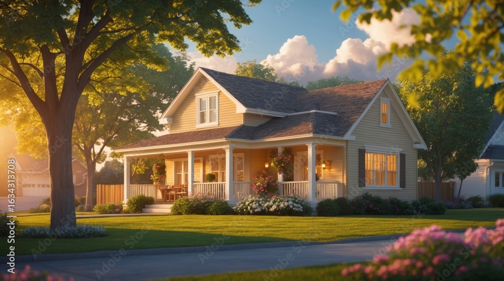 Obraz premium A charming yellow house sits peacefully on a sunny street with green trees.