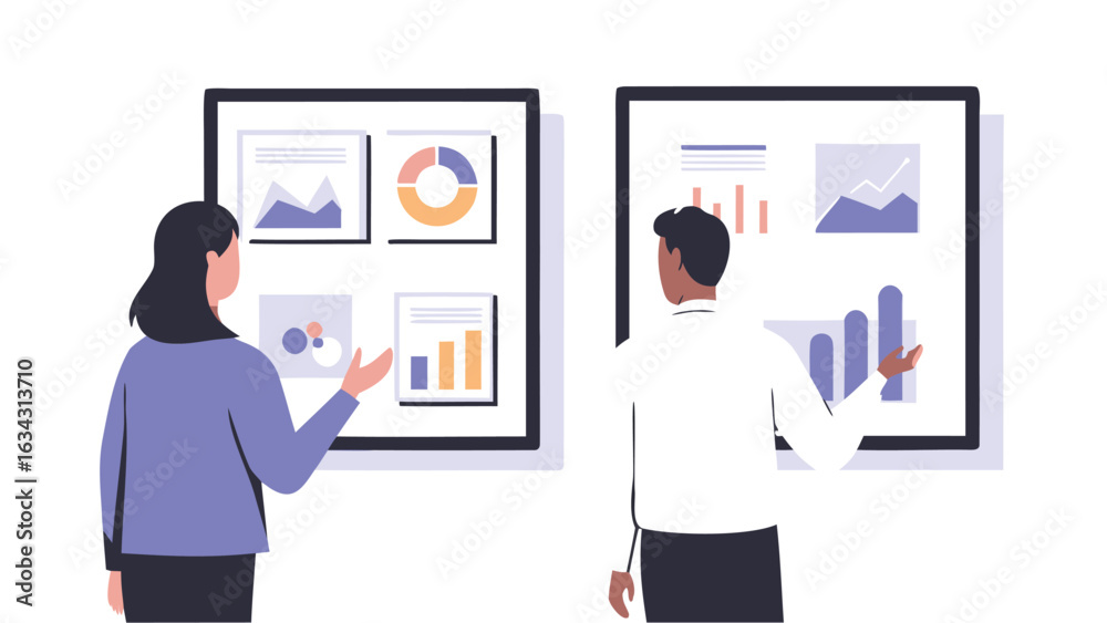 Fototapeta premium Two people presenting data charts and graphs on whiteboards in a business meeting setting indoors