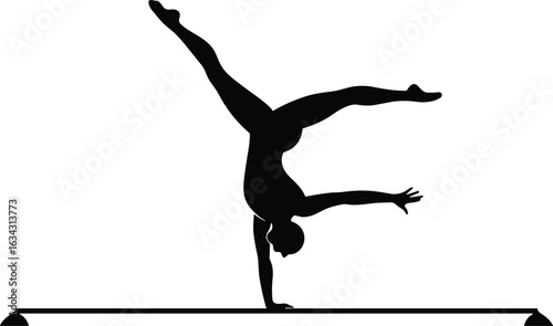 Cad drawing flat vector illustration, gymnast silhouette on balance beam, one hand handstand pose, female acrobat art, black isolated athletic vector figure