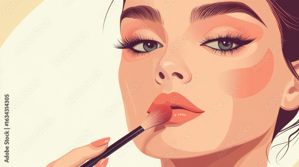 Obraz premium Elegant vector illustration portraying a woman applying lipstick with brush
