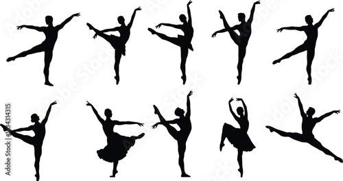 Cad drawing flat vector illustration of ballerinas, male and female dancers, ballet positions, elegant poses, classical dance silhouettes, leaping and pirouette movements.