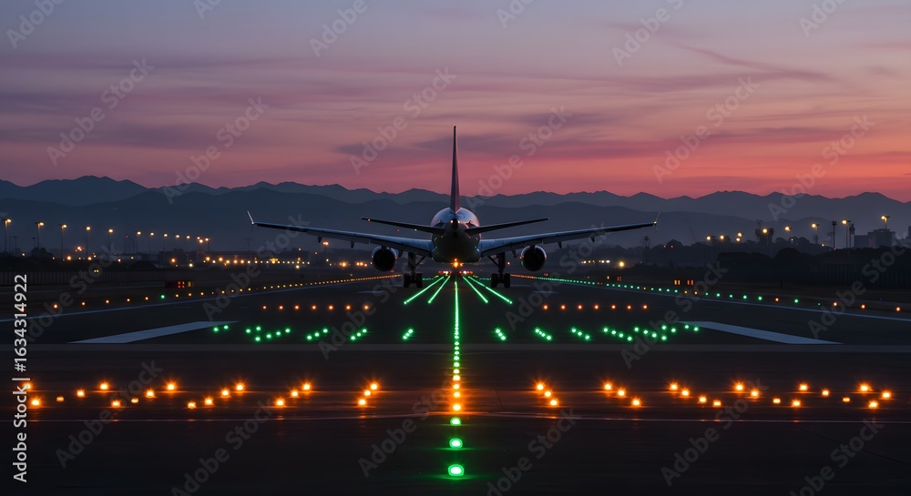 Fototapeta premium Commercial airplane illuminated by runway lights at dusk prepares for takeoff or landing