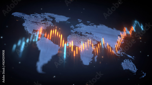 Futuristic finance graph over glowing digital world map. business chart with forex data analysis on an abstract background representing global stock market volatility and economy