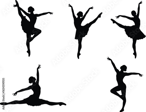 Ballerina silhouette vector illustration, classical ballet dance poses, female dancer jumping, elegant movement art, dance performance posture, cad drawing flat vector illustration