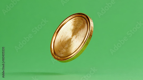 Golden coin spinning mid air against vibrant green background, evoking feelings of luck and chance. This isolated metal token represents wealth, finance, and investment opportunity