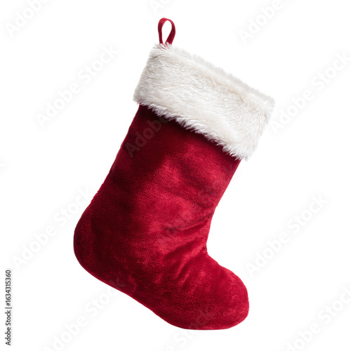 A red velvet Christmas stockings isolated on transparent background