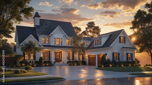 An elegant home glows beneath a beautiful sunset with vibrant colors overhead.