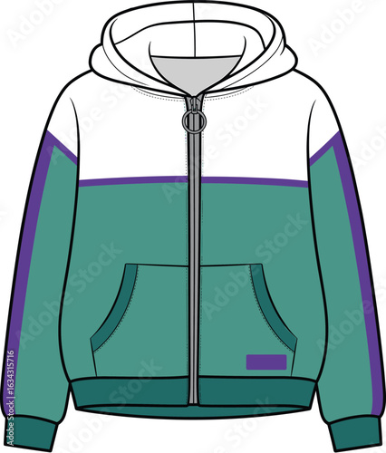Color block zip hoodie, modern streetwear fashion, CAD flat sketch with front pockets and hood, trendy jacket vector for apparel design, branding, and fashion projects