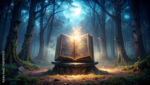 An ancient open book of magic radiating golden light on a pedestal in a mysterious, moonlit enchanted forest.