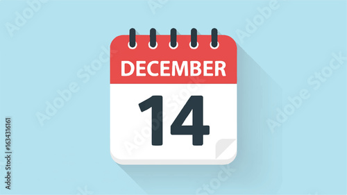 A flat design digital calendar 14 december icon on a light blue background