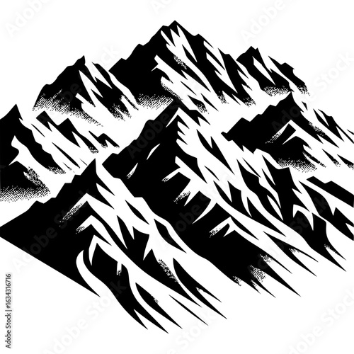 Monochrome Mountainscape: A bold, stylized monochrome illustration captures the rugged grandeur of towering peaks, offering a stark and compelling artistic view of nature's power.
