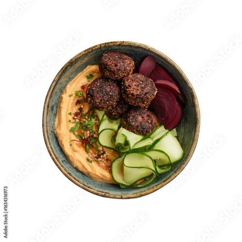 Delicious Beetroot and Quinoa Falafel Bowl with Hummus and Cucumber