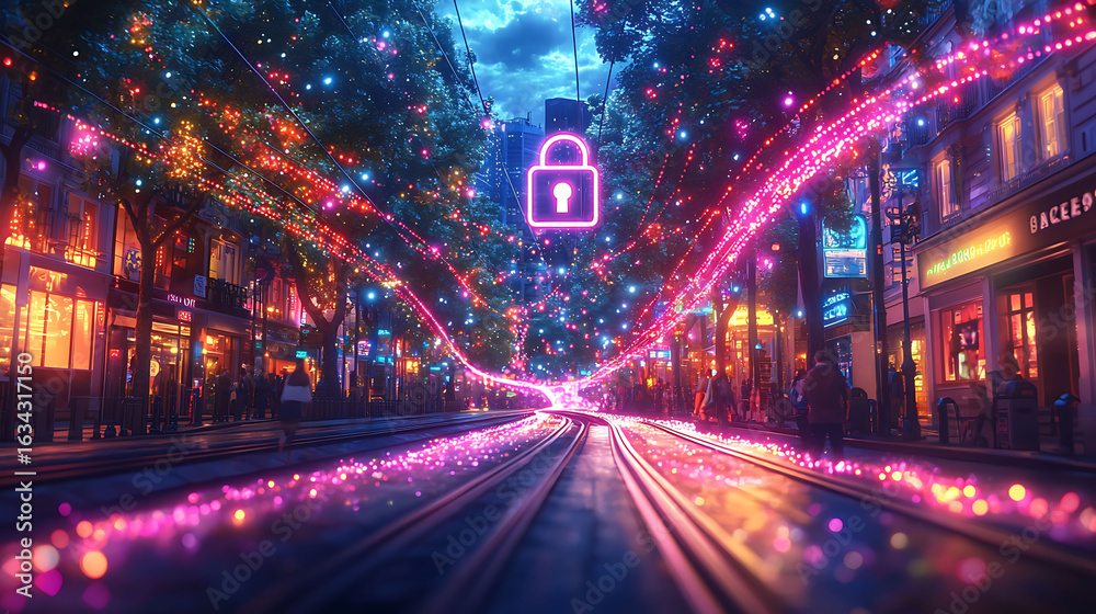 Obraz premium Cyberpunk city street at night, glowing with vibrant neon lights and festive decorations.