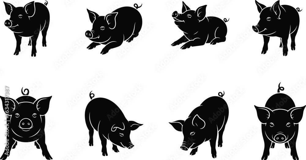 Fototapeta premium Cartoon pig silhouette collection in different cute poses, black vector farm animal icons, pig front and side view, isolated