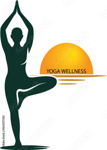 Yoga Wellness Logo Design with Tree Pose and Sunrise Vector Illustration - A Serene Silhouette of a Woman for Health, Spa, and Meditation