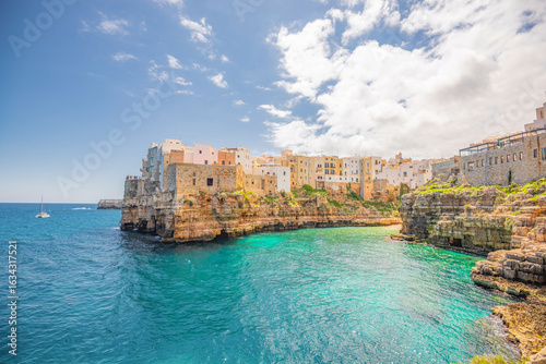 View of Polignano a Mare beach in Italy. Top tourist destinations in Italy. Trip to Europe.