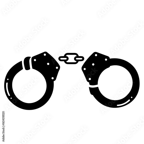 A pair of black handcuffs with a chain link connecting them isolated on a white background illustration