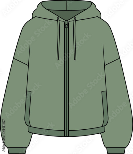 Cad drawing flat vector illustration of zip up hoodie, drawstring hood, side pockets, casual outerwear, oversized fit, fashion apparel, sweatshirt garment mockup