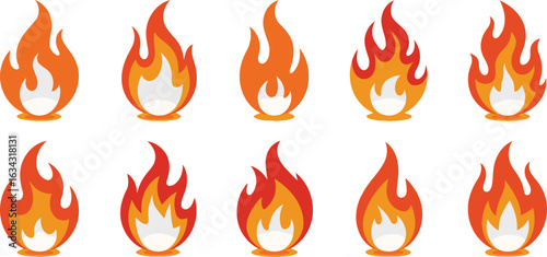 Colorful Fire and Blaze Vector Collection: Flat Design Illustrations with a Variety of Flame Shapes for Hot, Heat, and Burning Concepts.

