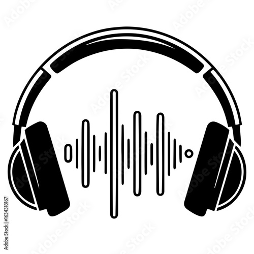 Black headphones with sound wave in the middle representing audio listening experience for music lovers
