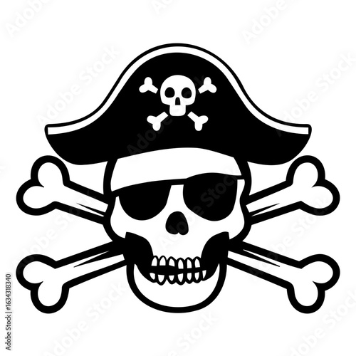 A pirate skull wearing a hat with skull and crossbones and sunglasses with crossed bones behind it