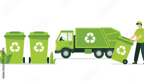 Eco-Friendly Recycling and Waste Management: Flat Design Illustration of a Garbage Truck and Worker Collecting Trash for Sustainability and Environmental Concepts