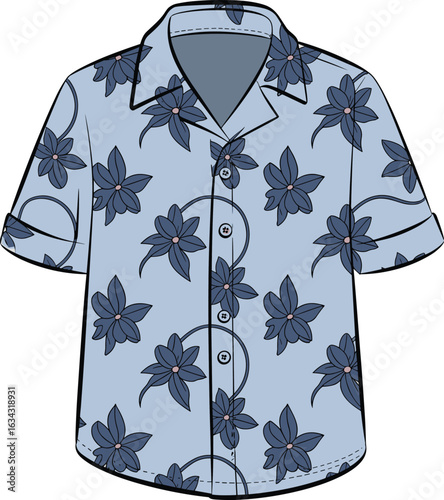 Cad drawing flat vector illustration of short sleeve floral button-up shirt, front view, tropical print summerwear, fashion technical sketch, casual resort shirt design