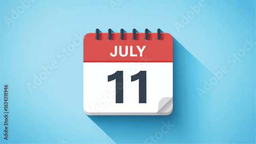 A flat design digital calendar 11 july icon on a light blue background.  