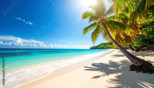 The stunning, untouched beaches of Vilanculos, with clear turquoise waters and swaying palm trees under a bright sun.