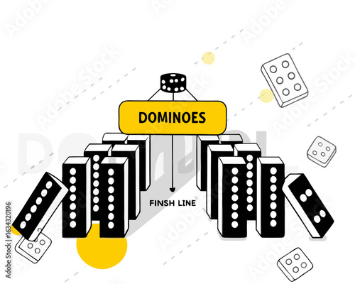 Diagram Illustrating a Task Flow Represented by Falling Dominoes Leading to a Finish Line, Highlighting Concepts of Sequence, Momentum, and Completion


