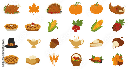 Thanksgiving symbols flat icon set with turkey pie and harvest