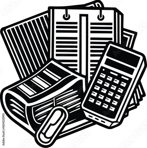 “Finance and Accounting Icons – Documents with Calculators, Dollar Signs, and Math Symbols”