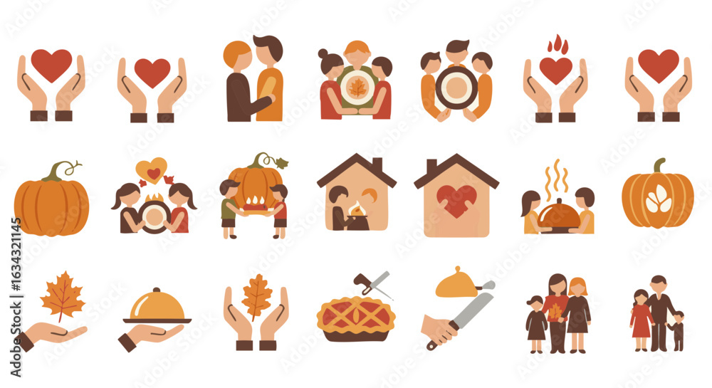 Fototapeta premium Family and gratitude icon set flat vector Thanksgiving concepts
