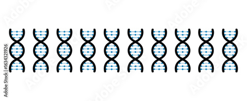 A horizontal line of eight stylized DNA helix structures arranged in a repeating pattern against a white background.