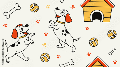 Seamless cute puppy pattern vector with happy dog faces, bones, and paws in cartoon style, ideal for kids' fabric, gift wrap, wallpaper, and playful packaging design.

