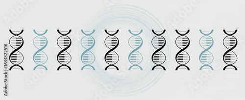 A horizontal line of eight stylized DNA helix structures arranged in a repeating pattern against a white background.