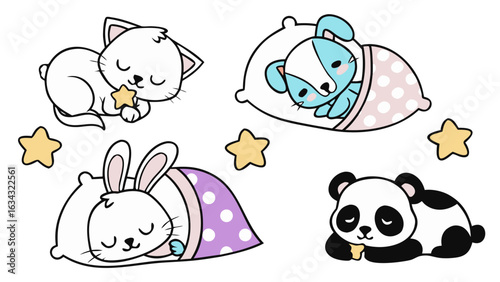Sweet vector of a sleeping bunny and panda in cartoon style, perfect for baby products, bedtime stories, kids’ apps, and nursery-themed designs in soft pastel tones.

