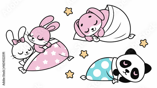 Sweet vector of a sleeping bunny and panda in cartoon style, perfect for baby products, bedtime stories, kids’ apps, and nursery-themed designs in soft pastel tones.

