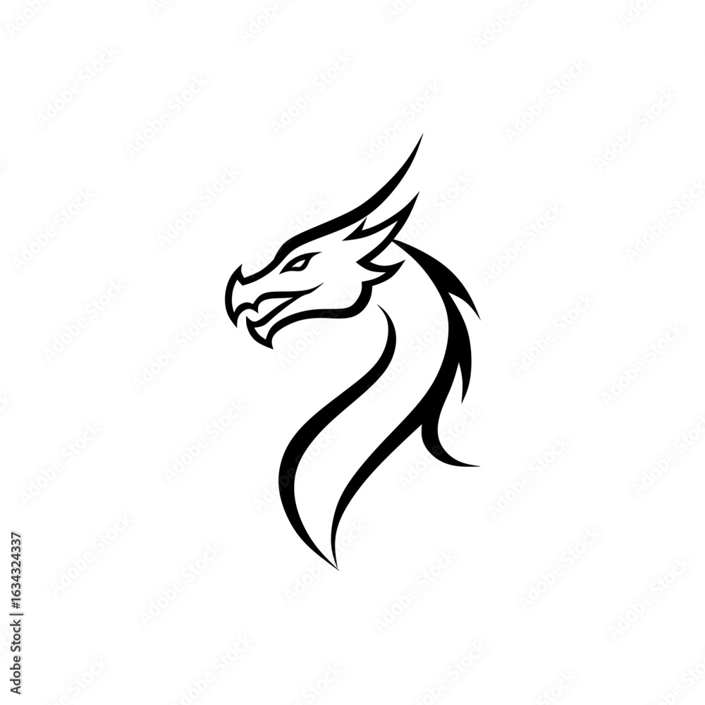 Naklejka premium Black line art dragon logo - tribal style mythical beast illustration 
