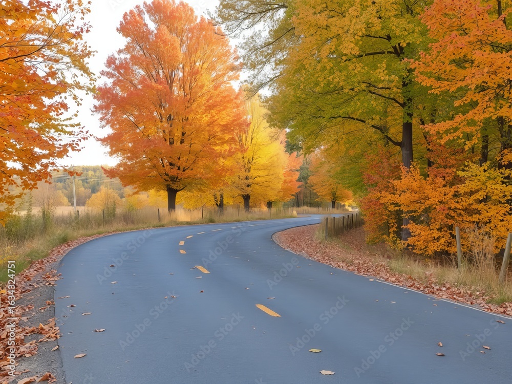 Obraz premium Winding road through autumn trees with vibrant foliage and fallen leaves on the roadside