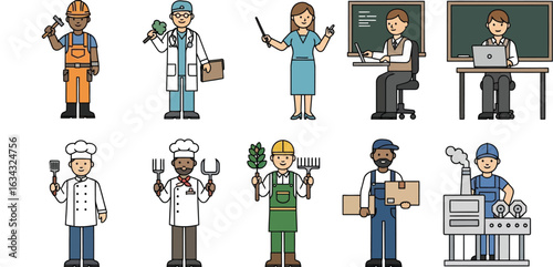 Illustration of various professions including doctor teacher chef farmer factory worker and more