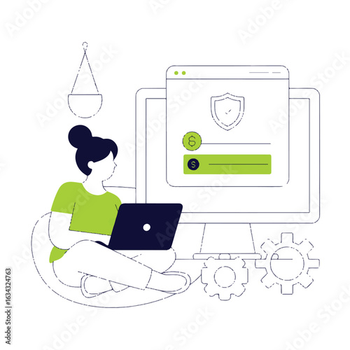 A minimalist line art illustration in a modern digital style showing a person working from home.  