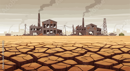 Vector Illustration of Post-Apocalyptic Landscape with Cracked Earth Industrial Ruins and Smoke Stacks in Brown Grey Color Palette