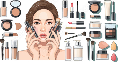 Illustration of a woman surrounded by various makeup products on a colorful background