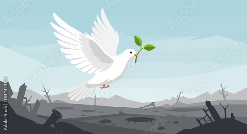 Illustration of Dove Vector with Olive Branch in Flat Style for Peace Symbol against Gray Aftermath Vector Illustration