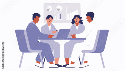 Four people sitting around a table with a laptop discussing business charts and graphs in meeting