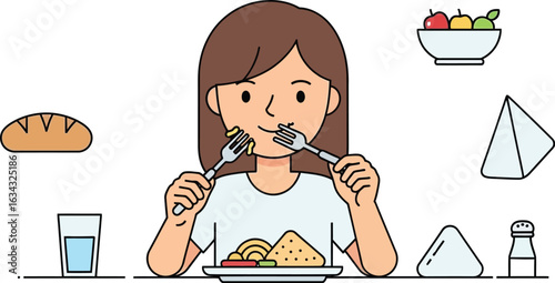 Cartoon of a woman eating a meal with two forks surrounded by food icons on white background